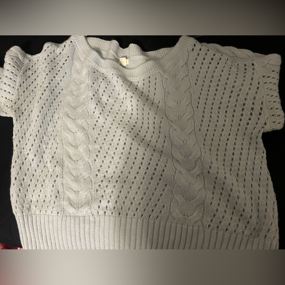 Baby blue off-the-shoulder crochet sweater